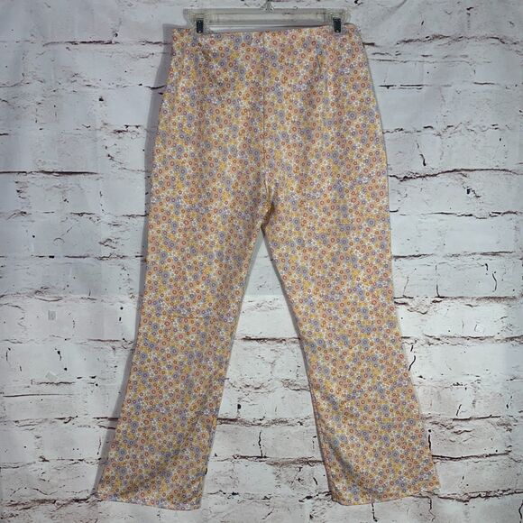 Zara Floral Straight Leg Pants Size Large Pastel Daisy Print Cotton Trousers - Picture 1 of 6